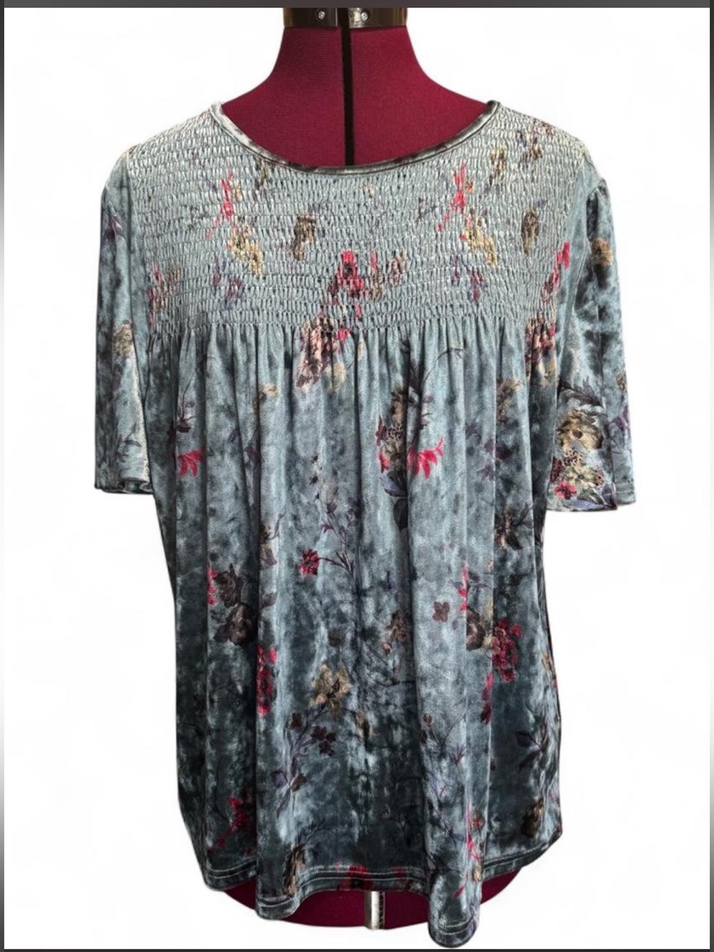 Sugarlips Steel Blue Velvet Smocked Floral Short Sleeve Top